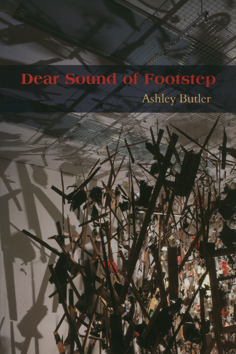 book cover of Ashley Butler's "Dear Sound of Footstep," a messy collection of backlit easels in a gray room