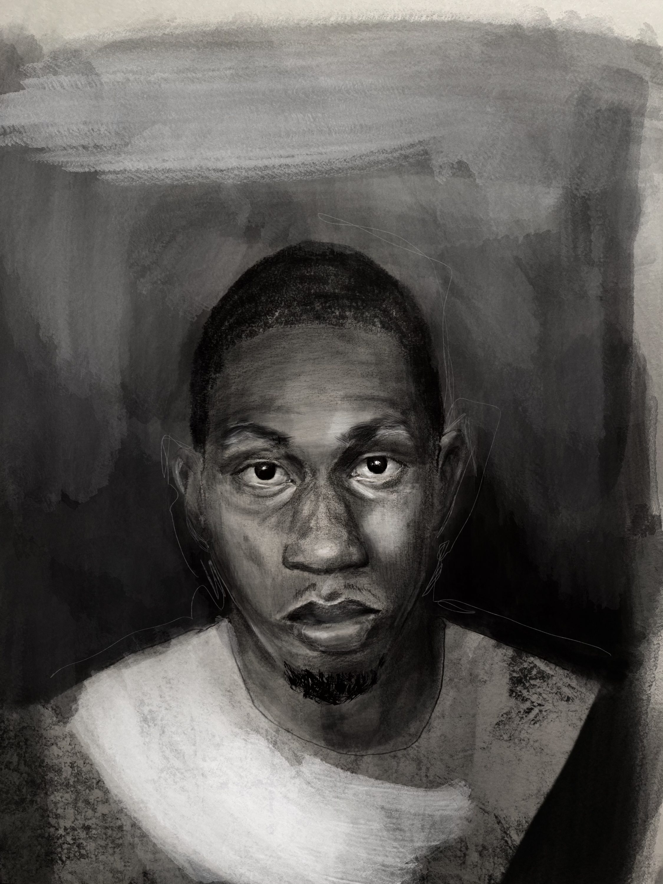 Author portrait in mixed-media black & white of Demetrius Buckley, Buckley, a Black man with close-cropped hair, big eyes, and arched brows, and a serious countenance.