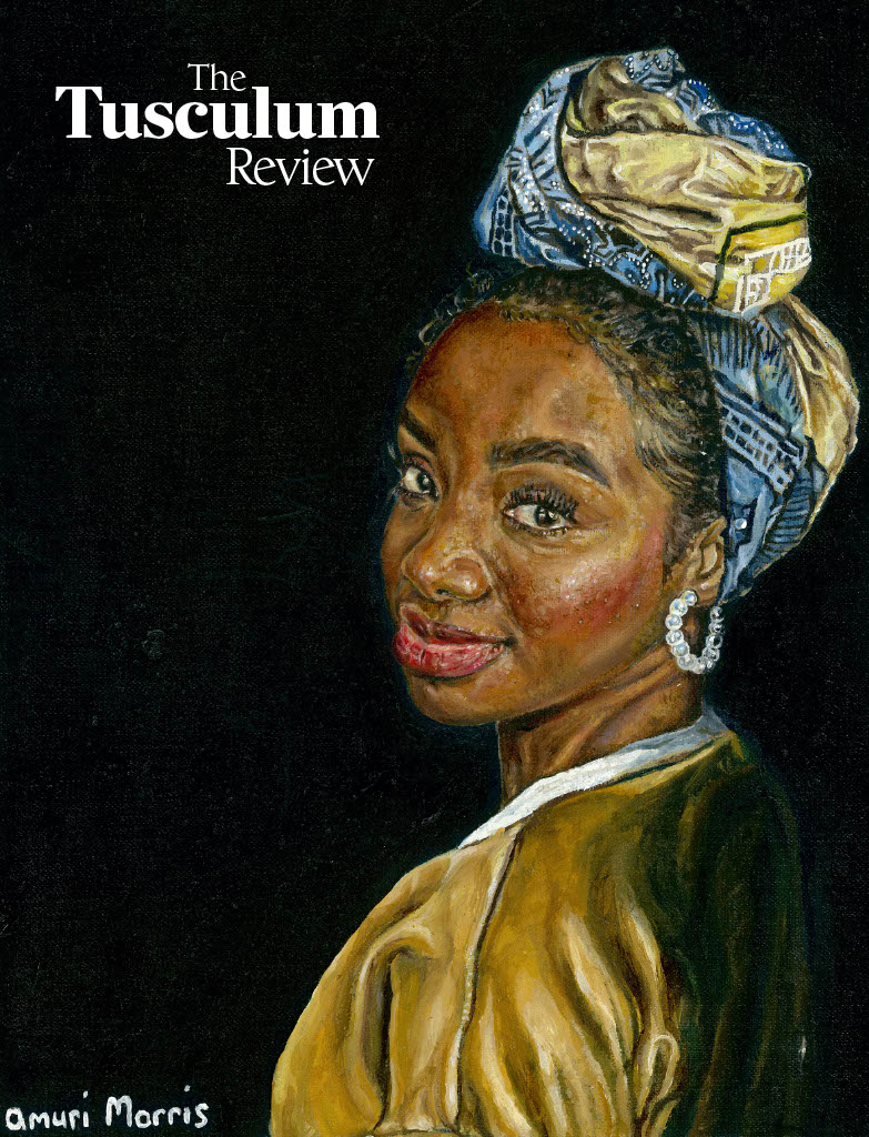 2025 Tusculum Review Cover. Black background, young Black woman in gold dress and yellow/blue headwrap looking over shoulder, a la Vermeer's "Girl with a Pearl Earring." Wearing a pearl hoop, art by Amuri Morris