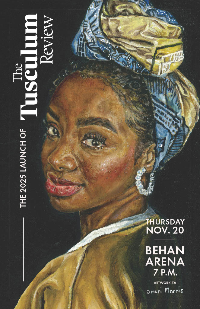 Tusculum Review 2025 Launch Invite Black woman in gold dress, blue and yellow headwrap, pearl hoop earring against black background, smiling over her shoulder in the style of Vermeer's Girl with Pearl Earring