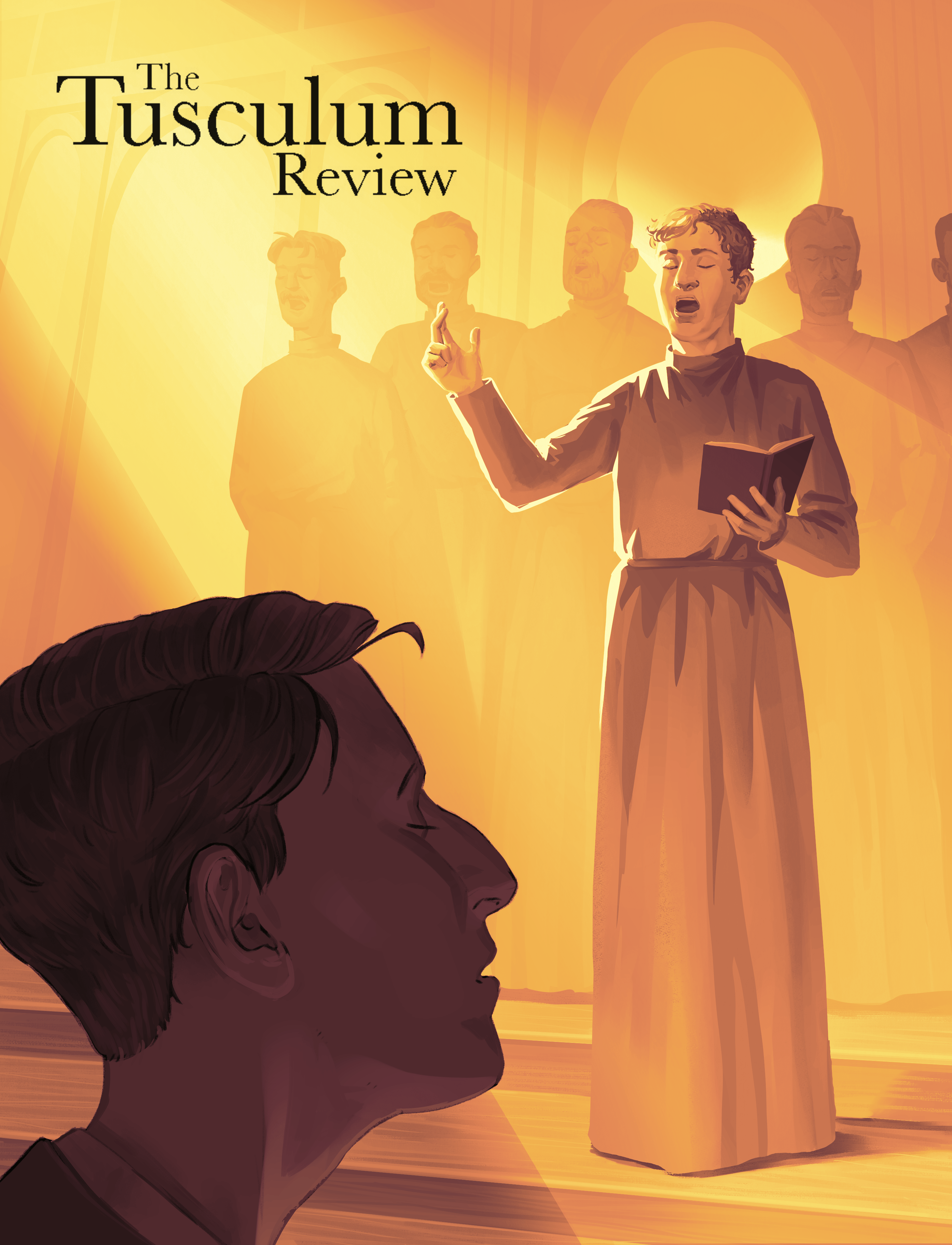 Volume 19 2023 cover The Tusculum Review male chorister bathed in golden light sings a solo as young man in awe listens Illustration by Jay Crilley