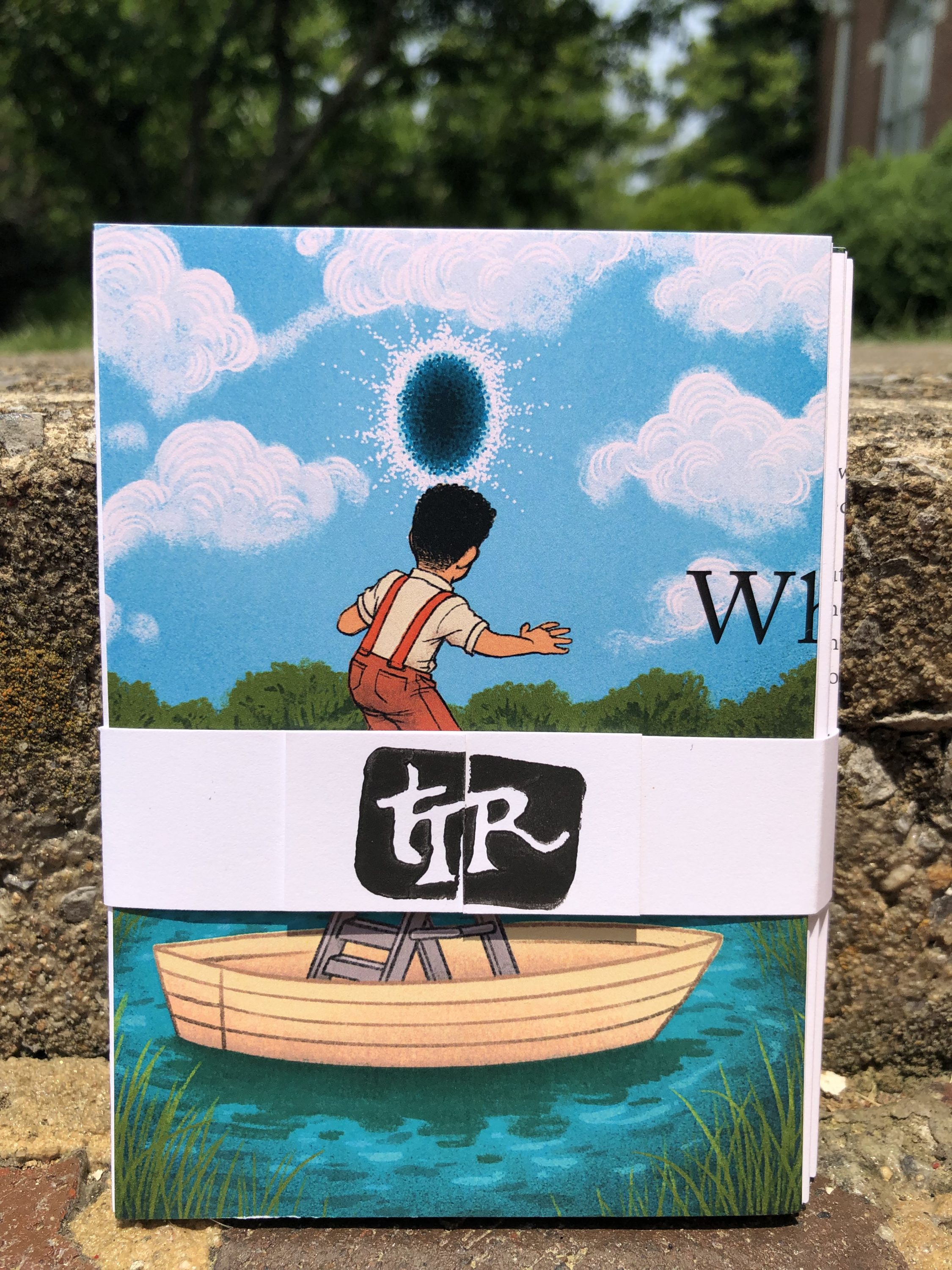 Chapbook cover features boy balanced on stepladder in boat reaching toward a dark mirage in the blue sky above the treeline